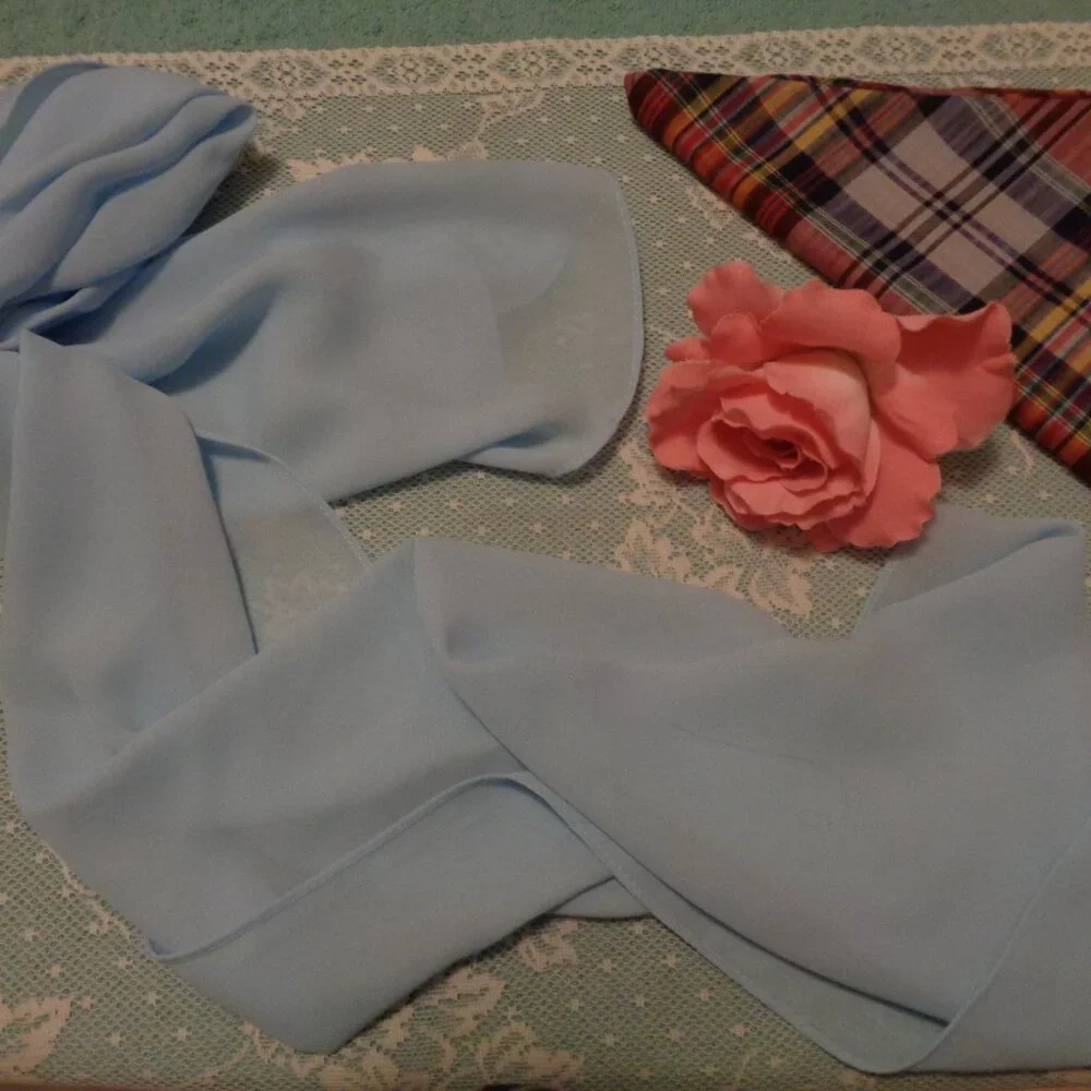 RETRO 60 70S LONG CHIFFON Blue SCARF & 60S Plaid Kerchief Lot - Picture 3 of 9